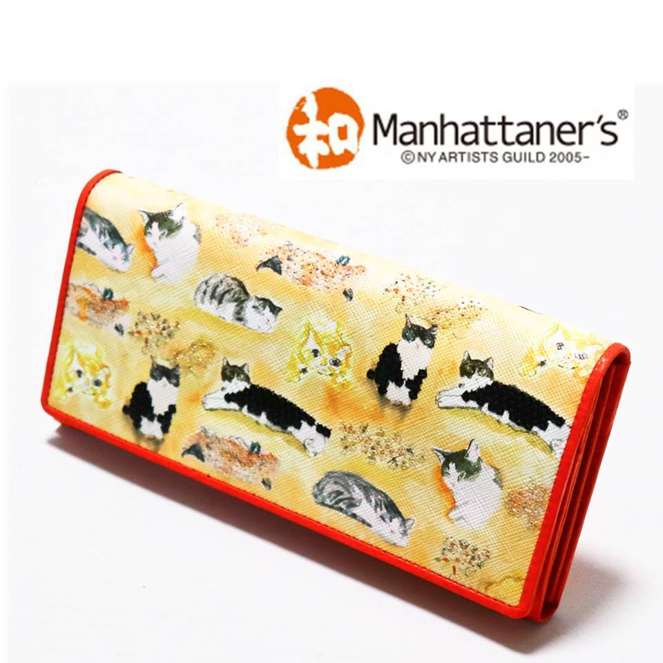 《和マンハッタナーズ》新品 ポケット多数 可愛いネコちゃん「杏色映え」レザー かぶせ式長財布 プレゼントにも A6168