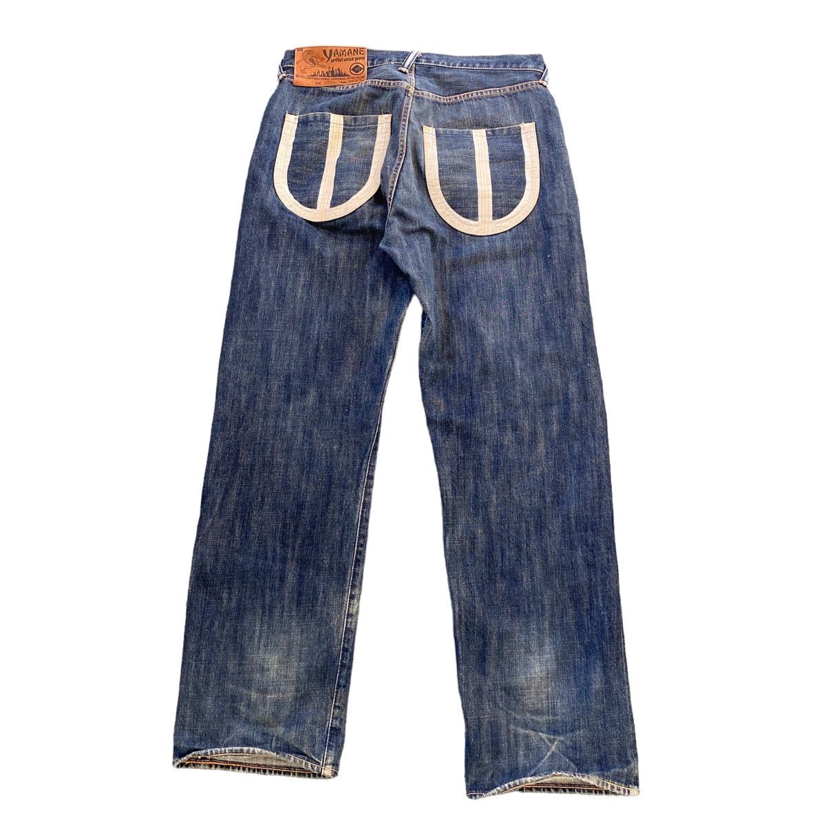 YAMANE デニムパンツ レザーパッチ エヴィス系 W34 YAMANE ヤマネ EVISU エヴィス デニム ジーンズ 革パッチ 赤耳