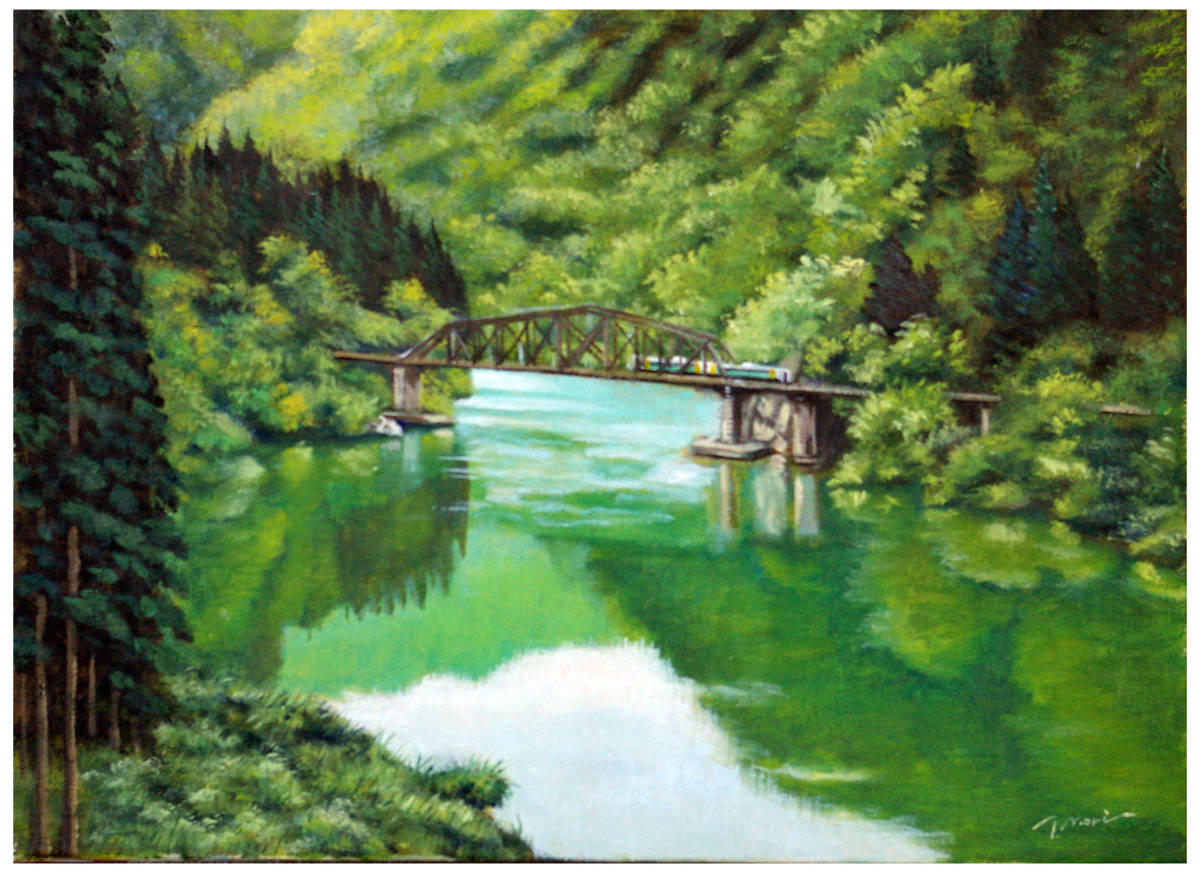 □油彩画 □油絵 □風景画 □森山岳人 □F4号 　[初夏の只見川 ] 福島県只見川と只見線第四橋梁