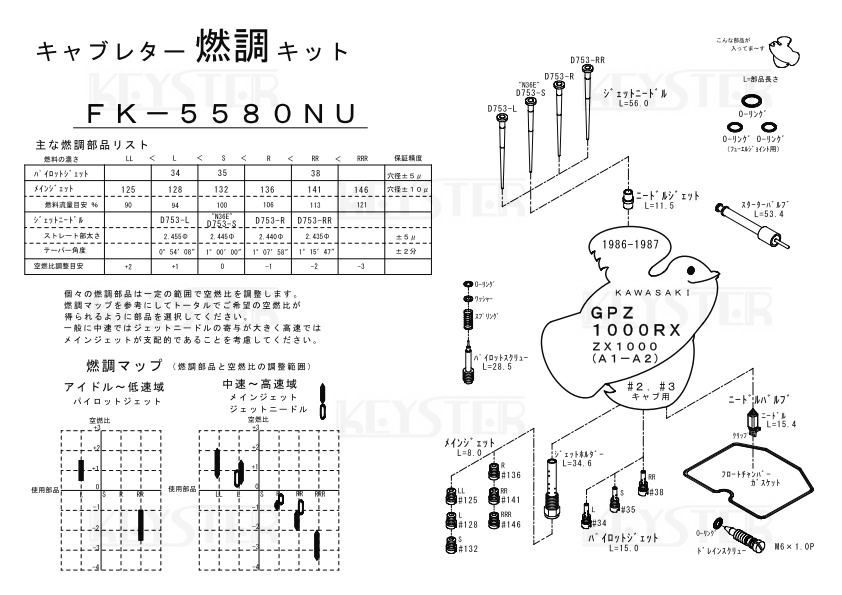 ■ FK-5580NU/S　GPZ1000RX　ZX1000　A1-A2　キャブレター リペアキット　キースター　燃調キット　３