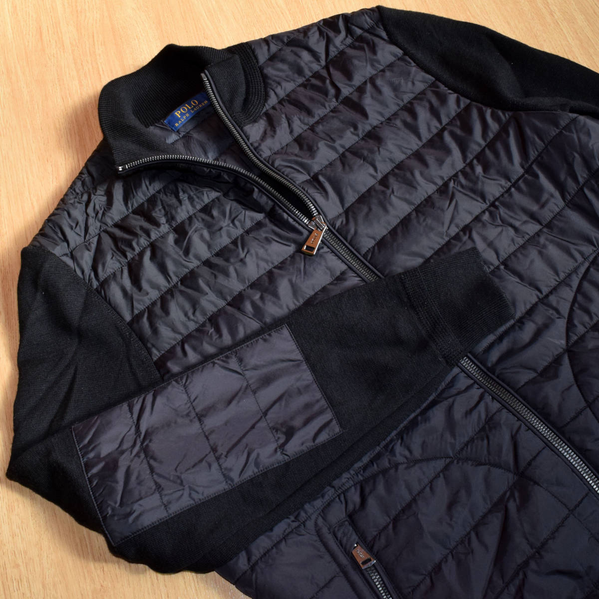 激安大特価，お買い得 メンズML POLO RALPH LAUREN ラルフローレン ポリエステルダウン ブラック ウール ニット切り替え フルジップ カーディガン ジャケット(ジャンパー、ブルゾン)｜売買されたオークション情報、yaho 男性用