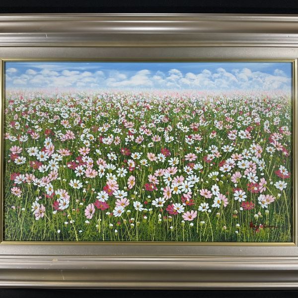 キム　キョムイ　コスモス　大型絵画　油絵　韓国 真作保証□油彩□金謙伊 KIM KYUM YE □コスモス□花畑