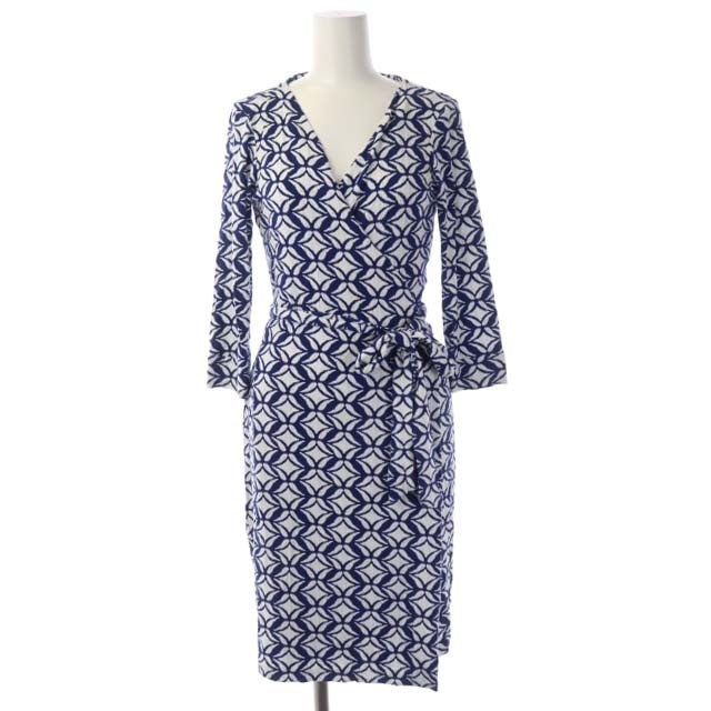  ダイアンフォンファステンバーグ DIANE von FURSTENBERG 総柄 七分袖 カシュクールワンピース ラップワンピース ひざ丈 2 青 白 ホワイト(ワンピース)｜売買されたオークション情報、yahooの商品情 ワンピース