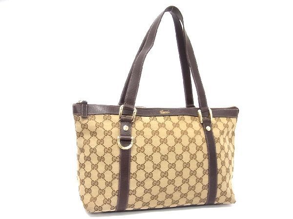 1円 GUCCI グッチ 141470 アビー GGキャンバス×レザー ハンドバッグ ショルダーバッグ トート ベージュ系×ブラウン系 AG4881ナC