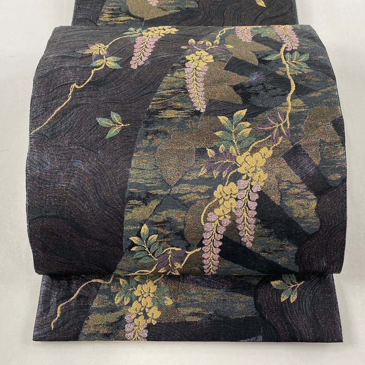 袋帯 美品 名品 藤 流水 金糸 箔 薄紫 六通 正絹 【中古】