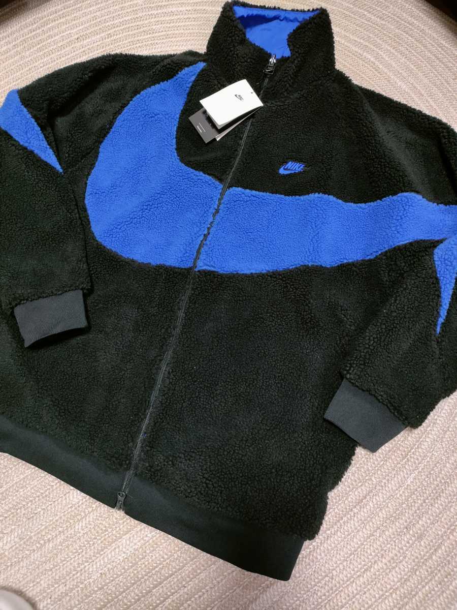 新品 定価13200 NIKE ビッグスウッシュ ボア フリース ジャケット 2XL リバーシブル ナイロン 黒×青 ブラック ブルー ナイキ ダブルジップ