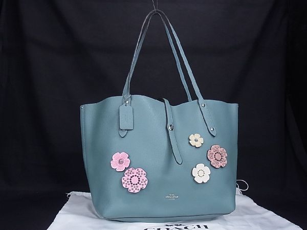 1円 ■美品■ COACH コーチ マーケットトート レザー ターンロック フラワー トートバッグ ショルダー レディース ブルー系 AG4832ヌN