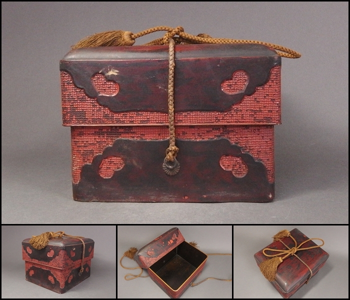 【230109⑨】桃山時代　黒塗朱網面箱　時代箱　仏教美術