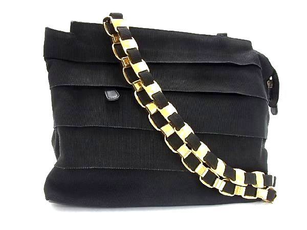 1円 Salvatore Ferragamo フェラガモ AU21 5252 ヴァラチェーン キャンバス×レザー フリル ショルダー 肩掛け ブラック系 BC0917イh