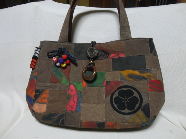 手作り■古布・丸型・トートバッグ・柿渋染・幟旗・家紋・団栗ブローチ　　