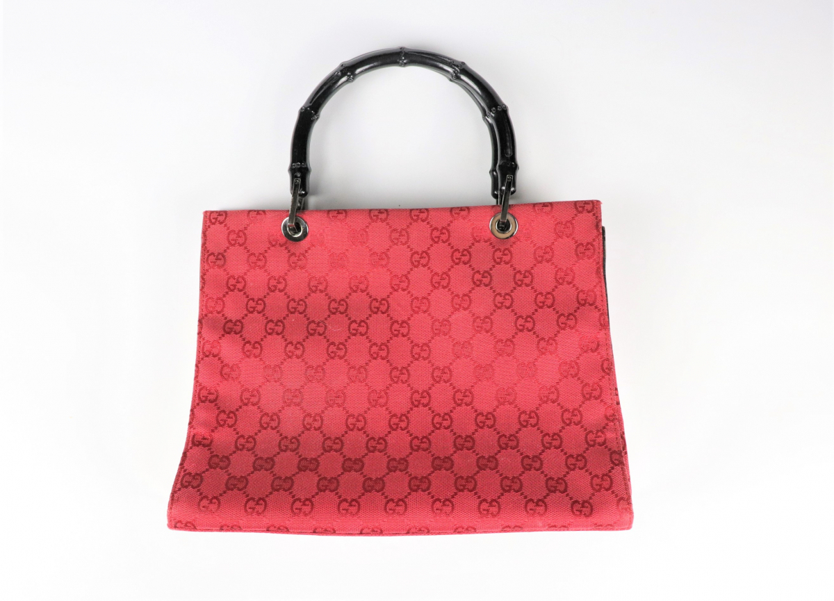 美品】 GUCCI グッチ GGキャンバス バンブー ハンドバッグ レッド 赤