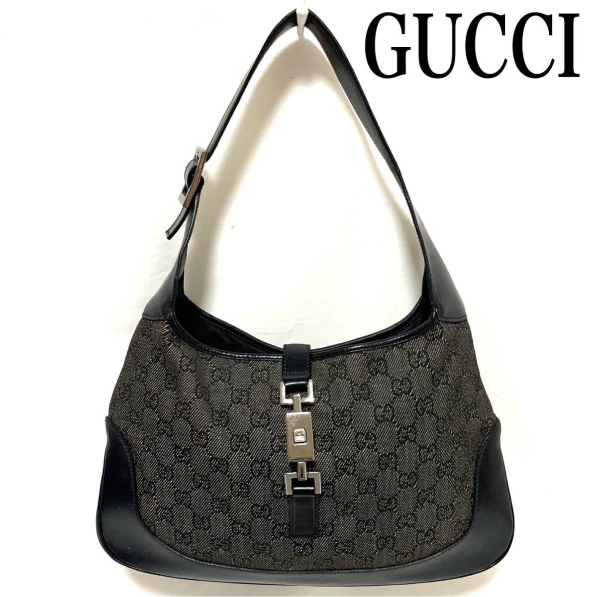 （n47）1円〜【GUCCI】ジャッキー ハンドバッグ トートバッグ 黒 ブラック キャンバス×レザー かばん カバン 鞄 バック GG柄 総柄