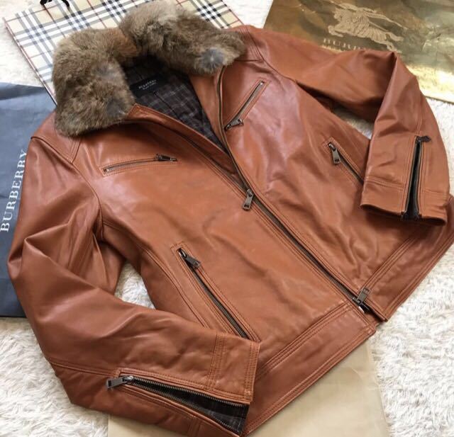 超極上レア美品★バーバリーブラックレーベル 羊革 ラムレザージャケット ライダース リアルファー キャメル LLサイズ 