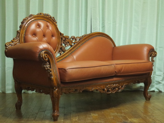 最高級 イタリア製 Louis XV ルイ15世 ロココ様式 革張り 鋲打ち 彫刻 