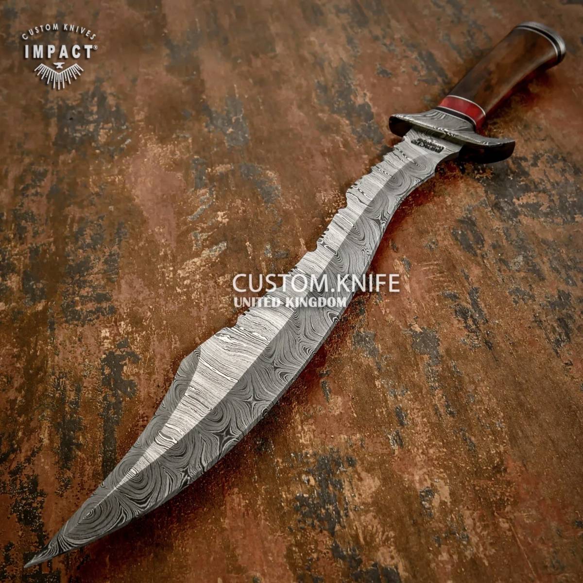 ☆大型 全長47cm イギリス IMPACT製 ダマスカス鋼 ナイフ カスタム キャメルボーンハンドル アウトドア 防災 サバイバル 野営 狩猟