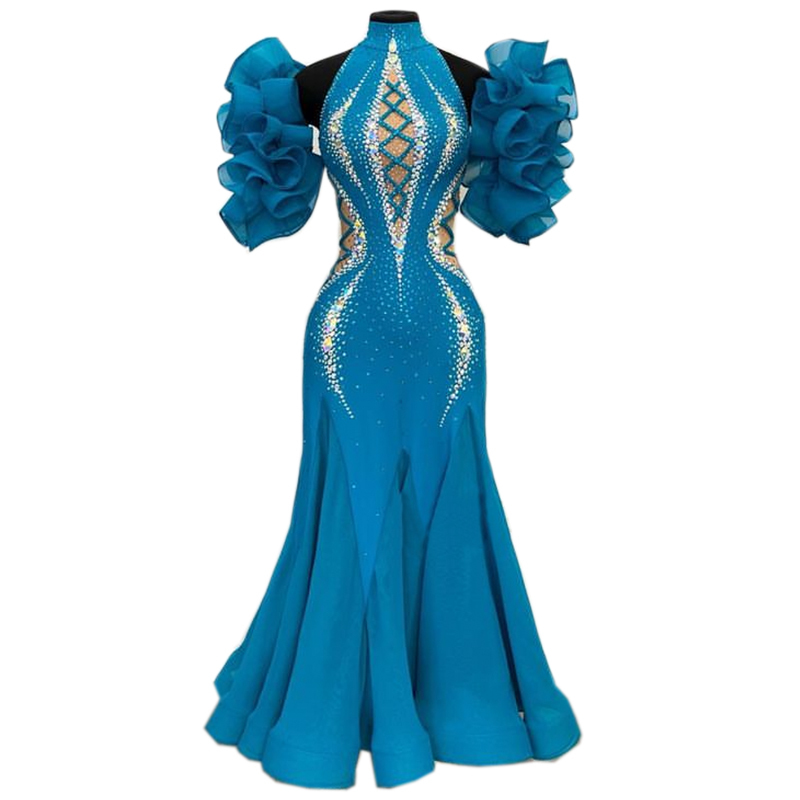 新品　レディース社交ダンス衣装　ワルツ競技試合デモ用ドレス　モダン素敵ドレス　サイズオーダー　輝きライトストーン飾り　ブルー系
