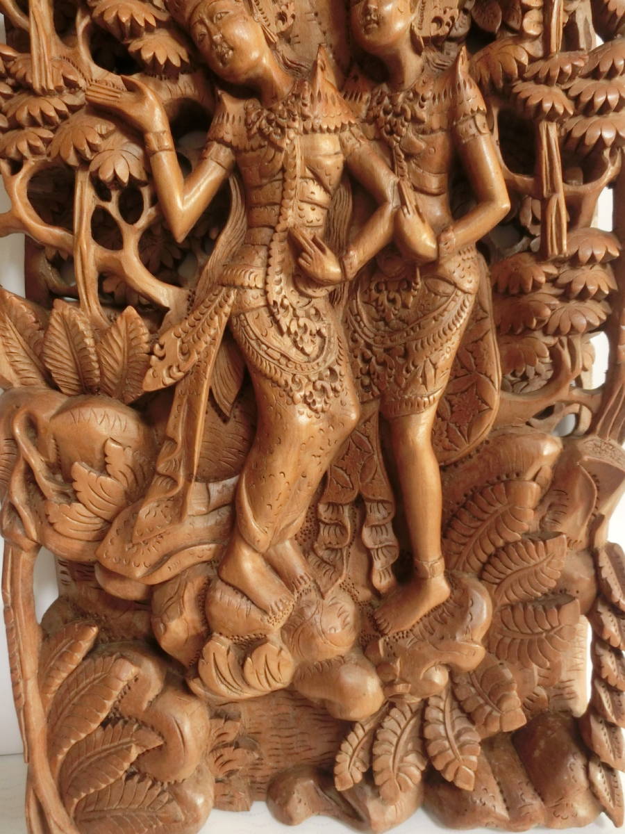 木彫りのレリーフ 壁掛け インドネシア ラーマ シーター 刀彫 細工彫刻