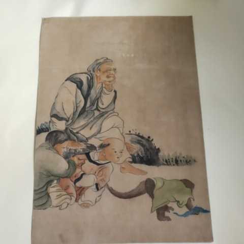 中国美術 肉筆 古画 肉筆 老人 唐子 猿 42㎝×27㎝ まくり めくり 屏風