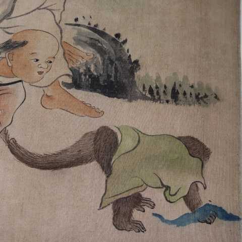 中国美術 肉筆 古画 肉筆 老人 唐子 猿 42㎝×27㎝ まくり めくり 屏風