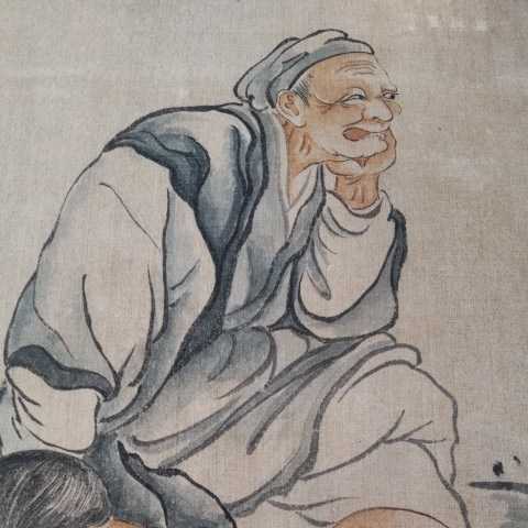 中国美術 肉筆 古画 肉筆 老人 唐子 猿 42㎝×27㎝ まくり めくり 屏風