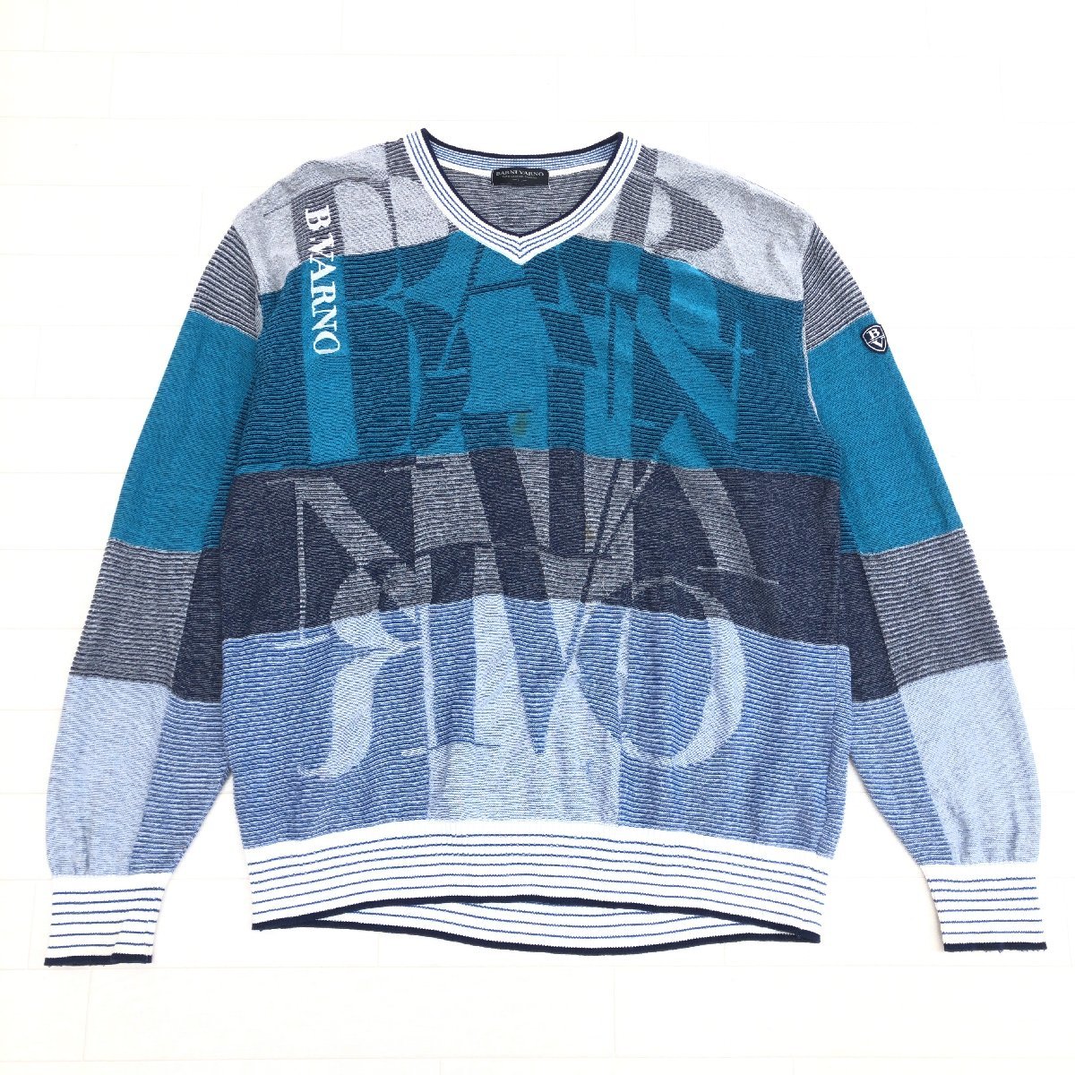 ●BARNI VARNO バーニヴァーノ ロゴワッペン コットン ニット セーター LL 青系 ブルー系 長袖 日本製 特大 大きい 2L XL メンズ 紳士