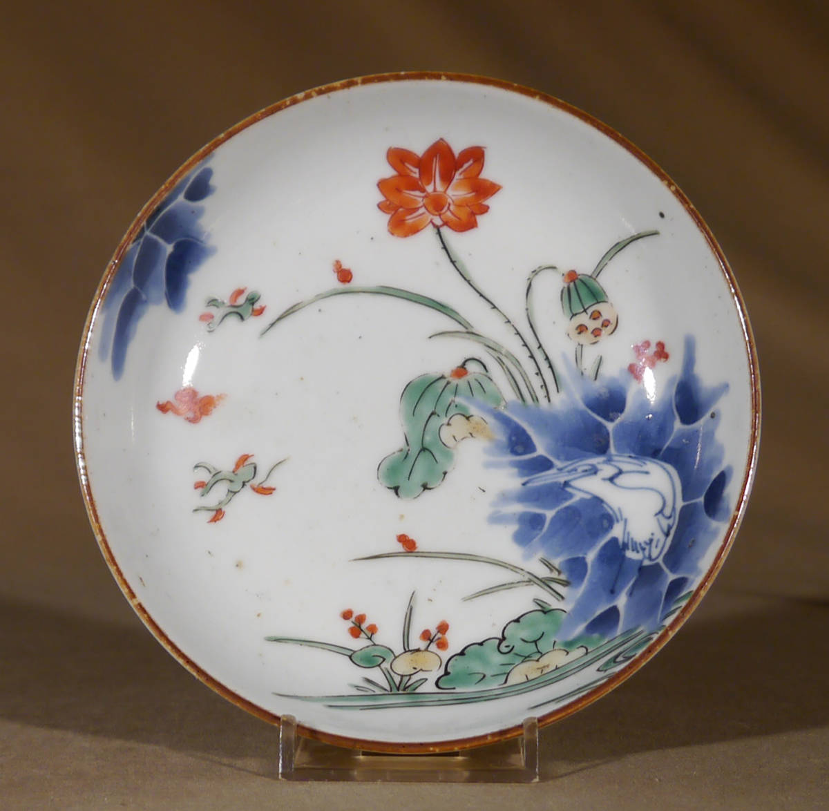 伊万里 九谷焼：南京赤絵蓮鷺文皿・須田菁華 《小皿・14.8cm 藍古九谷