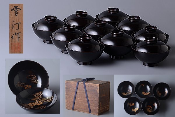 t-u1189▽良▽神戸雪汀 黒漆蒔絵吸物碗 十客 検 漆器蒔絵大名道具江戸