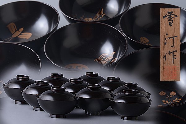 t-u1189▽良▽神戸雪汀 黒漆蒔絵吸物碗 十客 検 漆器蒔絵大名道具江戸