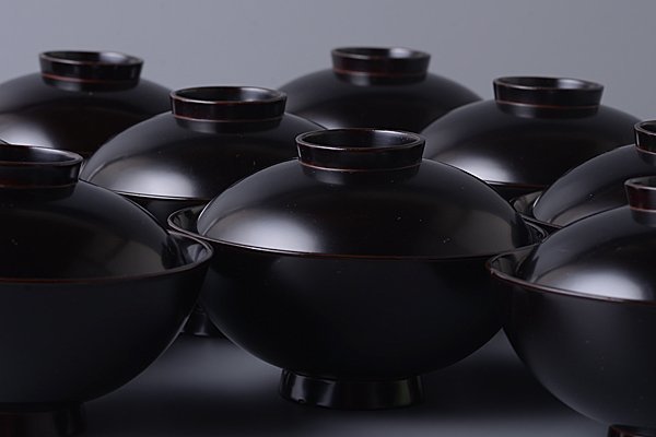 t-u1189▽良▽神戸雪汀 黒漆蒔絵吸物碗 十客 検 漆器蒔絵大名道具江戸