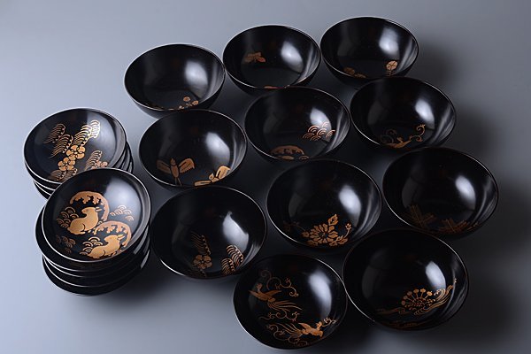 t-u1189▽良▽神戸雪汀 黒漆蒔絵吸物碗 十客 検 漆器蒔絵大名道具江戸