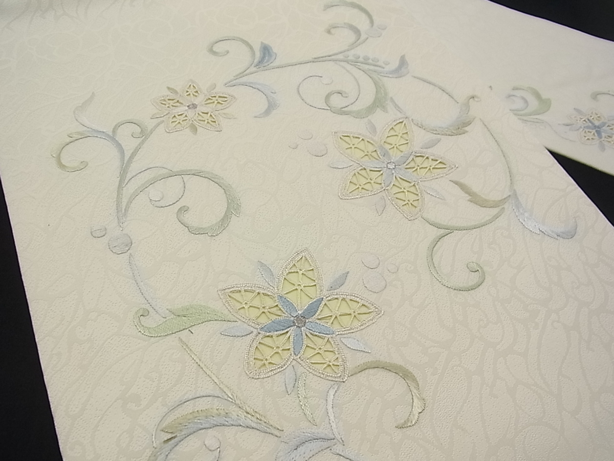 平和屋□極上 九寸名古屋帯 総刺繍 花唐草文 逸品 未使用