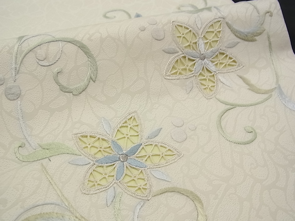 平和屋□極上 九寸名古屋帯 総刺繍 花唐草文 逸品 未使用