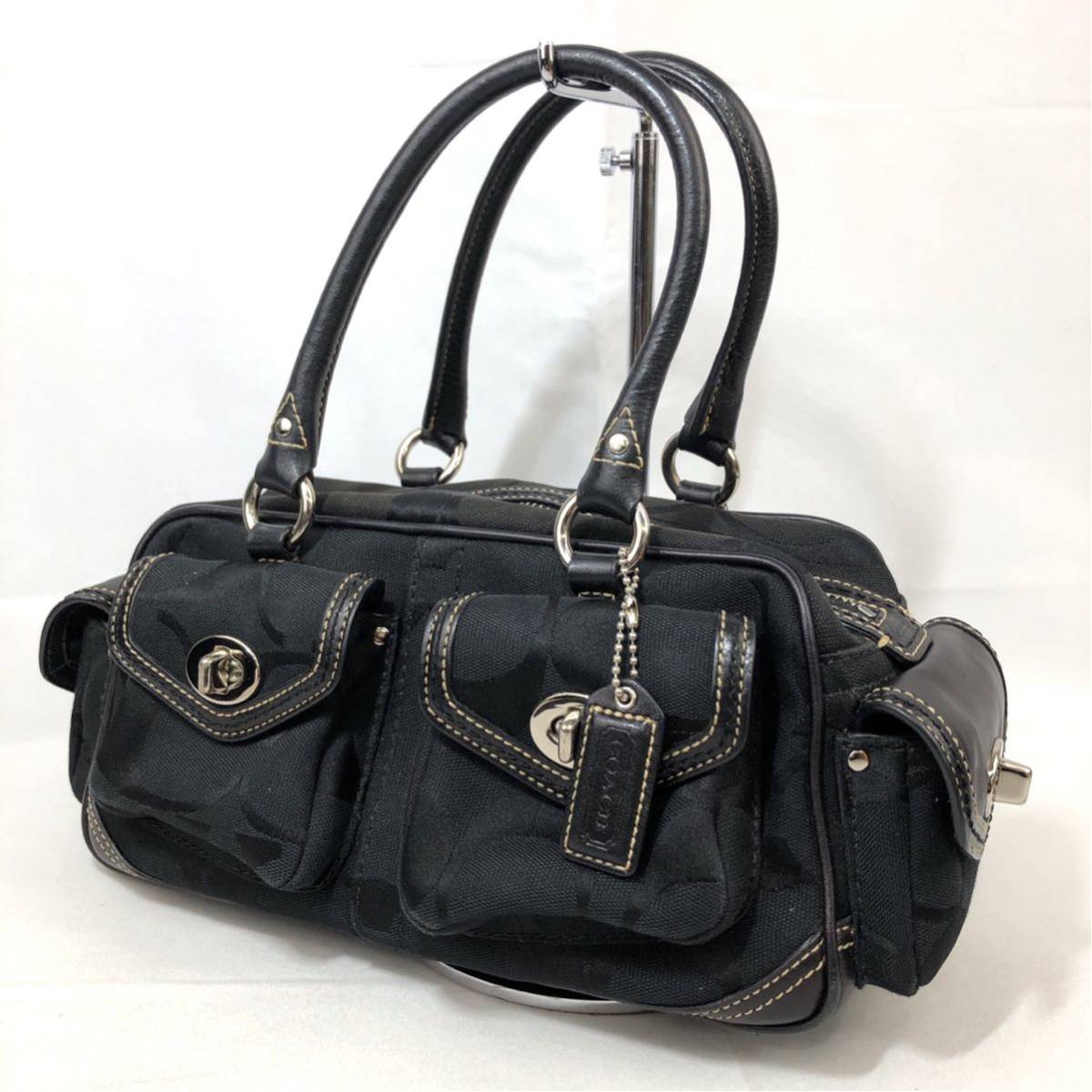 D ◆ 洗練されたデザイン 都会派エレガント COACH コーチ シグネチャー 一部レザー ハンドバッグ 手提げ 婦人鞄 ブラック 黒系6231