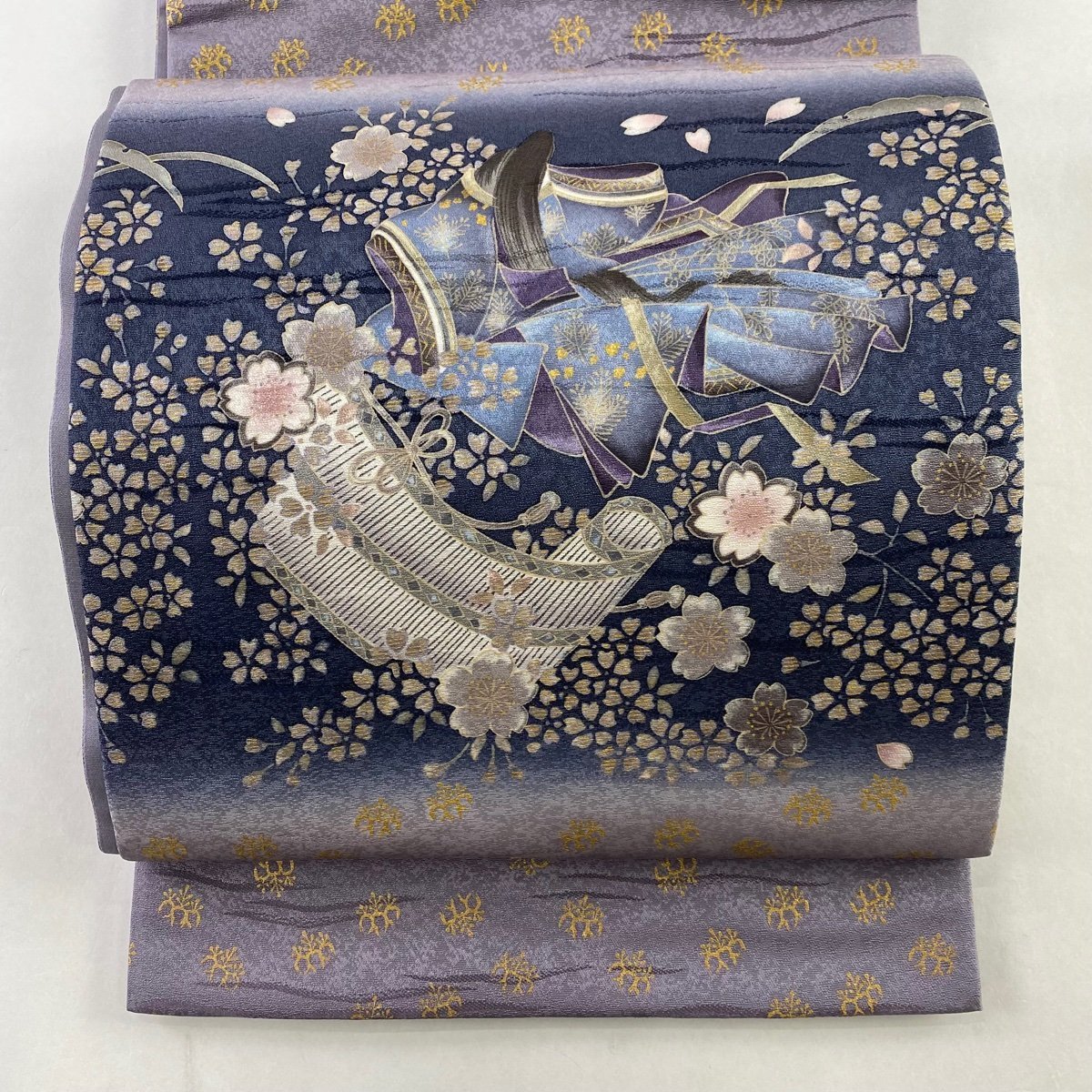 袋帯 名品 姫 桜 金彩 紫 お太鼓柄 正絹 【中古】 袋帯 お太鼓柄 正絹 枝花