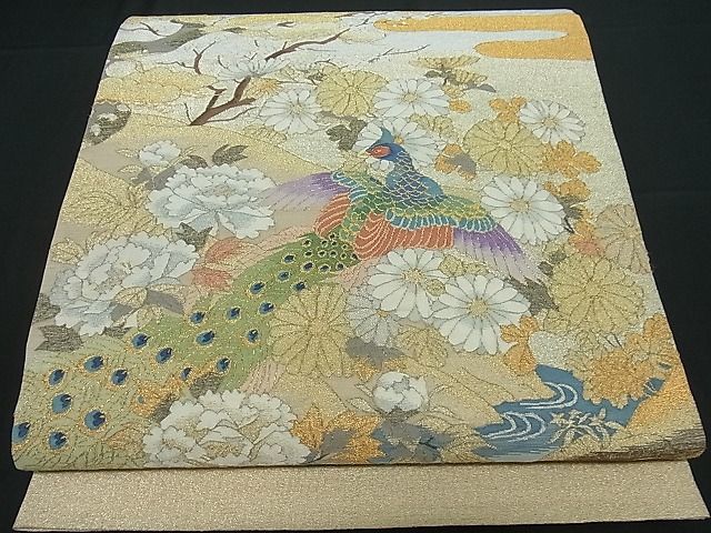 平和屋着物■太鼓柄袋帯　明綴れ　中国蘇州刺繍　流水孔雀エ霞花文　金銀糸　逸品　ha2277