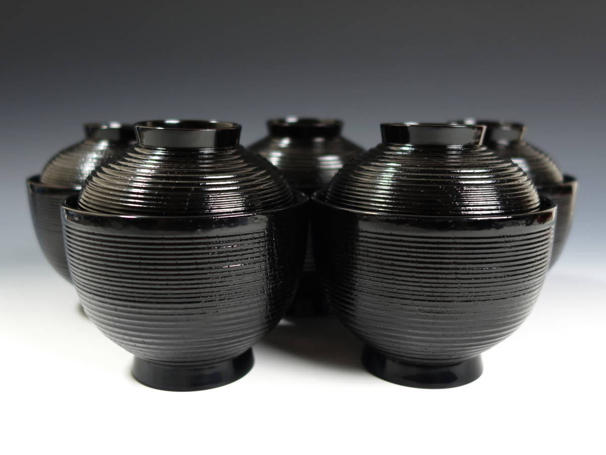 由】輪島塗 五島屋謹製 黒塗 糸目 見返図替五清図蒔絵 吸物椀 五客②
