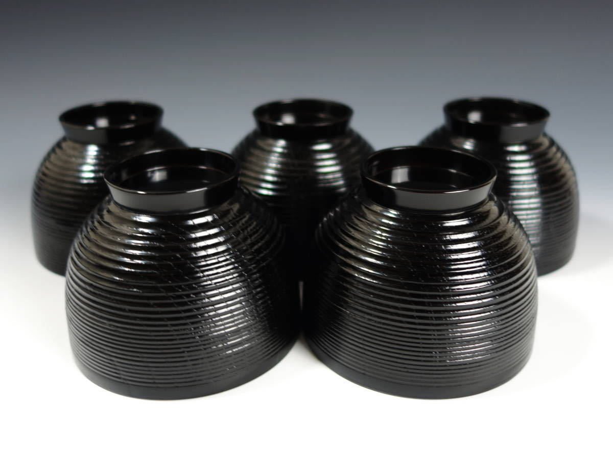 由】輪島塗 五島屋謹製 黒塗 糸目 見返図替五清図蒔絵 吸物椀 五客②