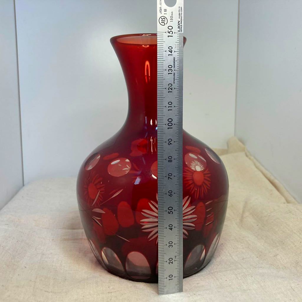 江戸切子 冠水瓶 花切子 水差し 昭和レトロ 赤 花紋 水注 切子グラス