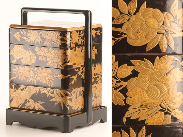 流】木製漆器 唐獅子牡丹蒔絵四段重箱 箱付 TJ197(重箱)｜売買された