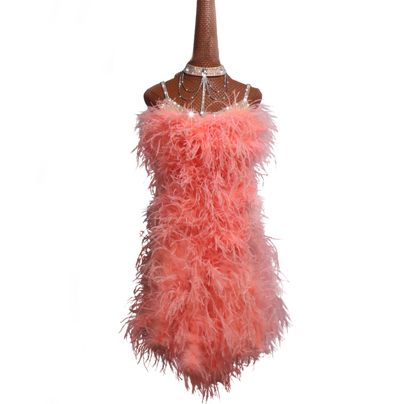 新品　サイズオーダー対応　センスが良いデザイン　レディース社交ダンスドレス　競技ラテンドレス　羽飾り　S～XXＬ