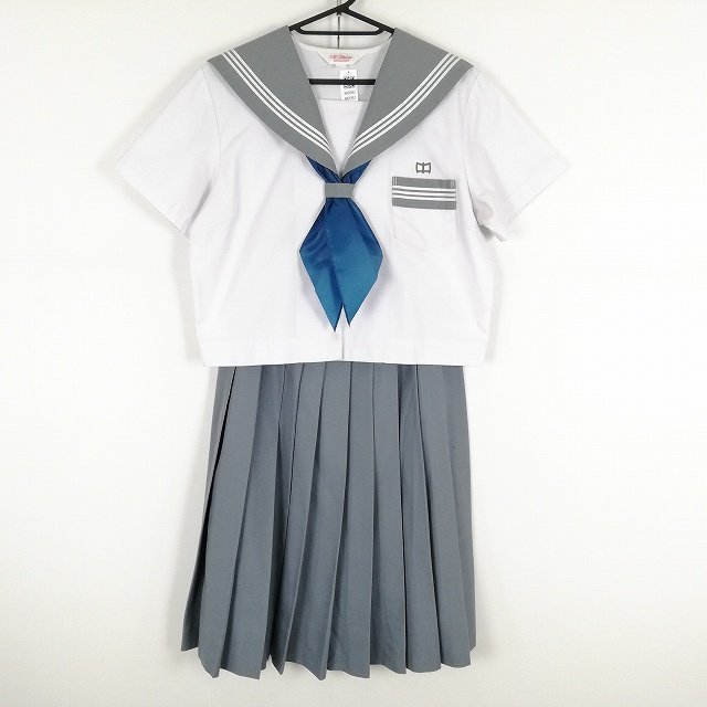 1円 セーラー服 スカート スカーフ 上下3点セット 大きいサイズ トンボ 夏物 白3本線 女子 学生服 吉田南中学 白 制服 中古 ランクC NA8092