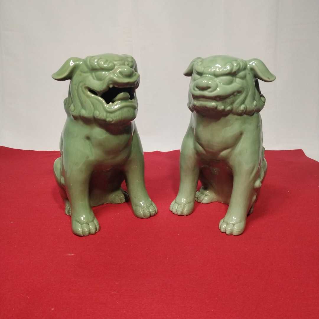 時代物【青磁 九谷焼 獅子 狛犬】緑 獅子舞 魔除け シーサー 神社 鳥居