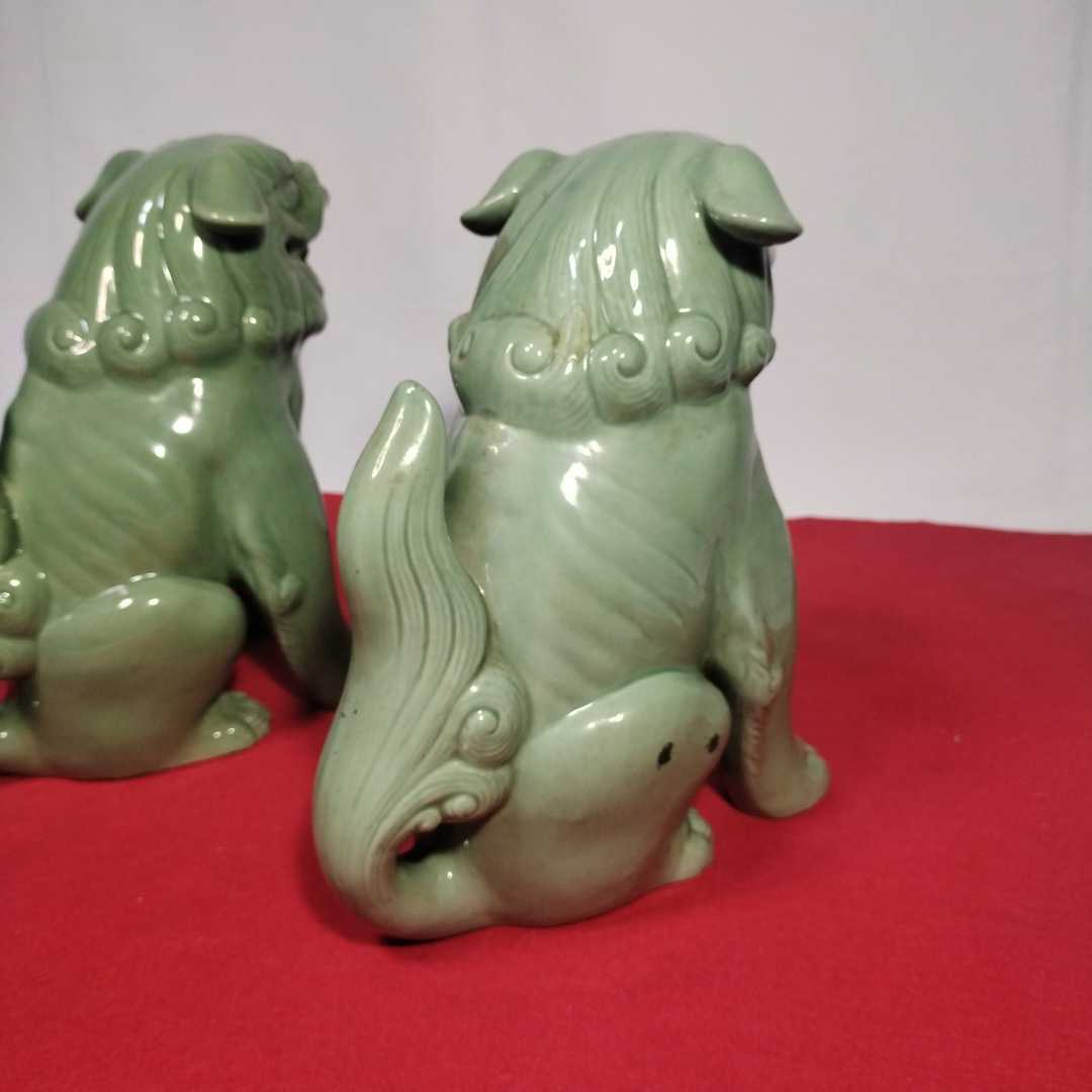 時代物【青磁 九谷焼 獅子 狛犬】緑 獅子舞 魔除け シーサー 神社 鳥居