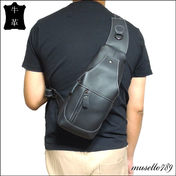 本牛革 少し訳有◆レザーボディバッグ ブラック◆ヌメ革 黒 冬新作！ イタリア 本革 普段使い/サイクリングにもOK 1円スタート 980a
