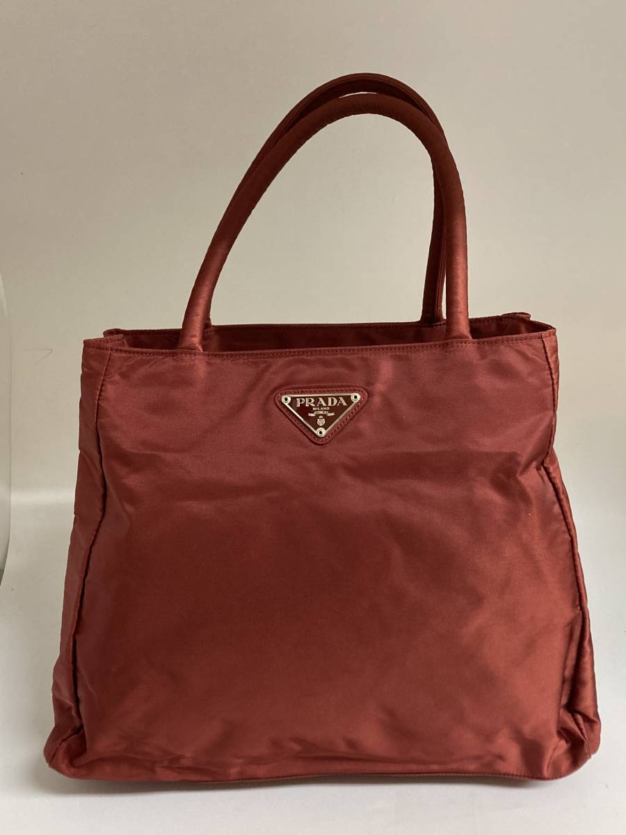 1円スタート!PRADAプラダ・ワインレッドナイロンバッグ・ハンドバッグ・トート シルバータグ・白タグ