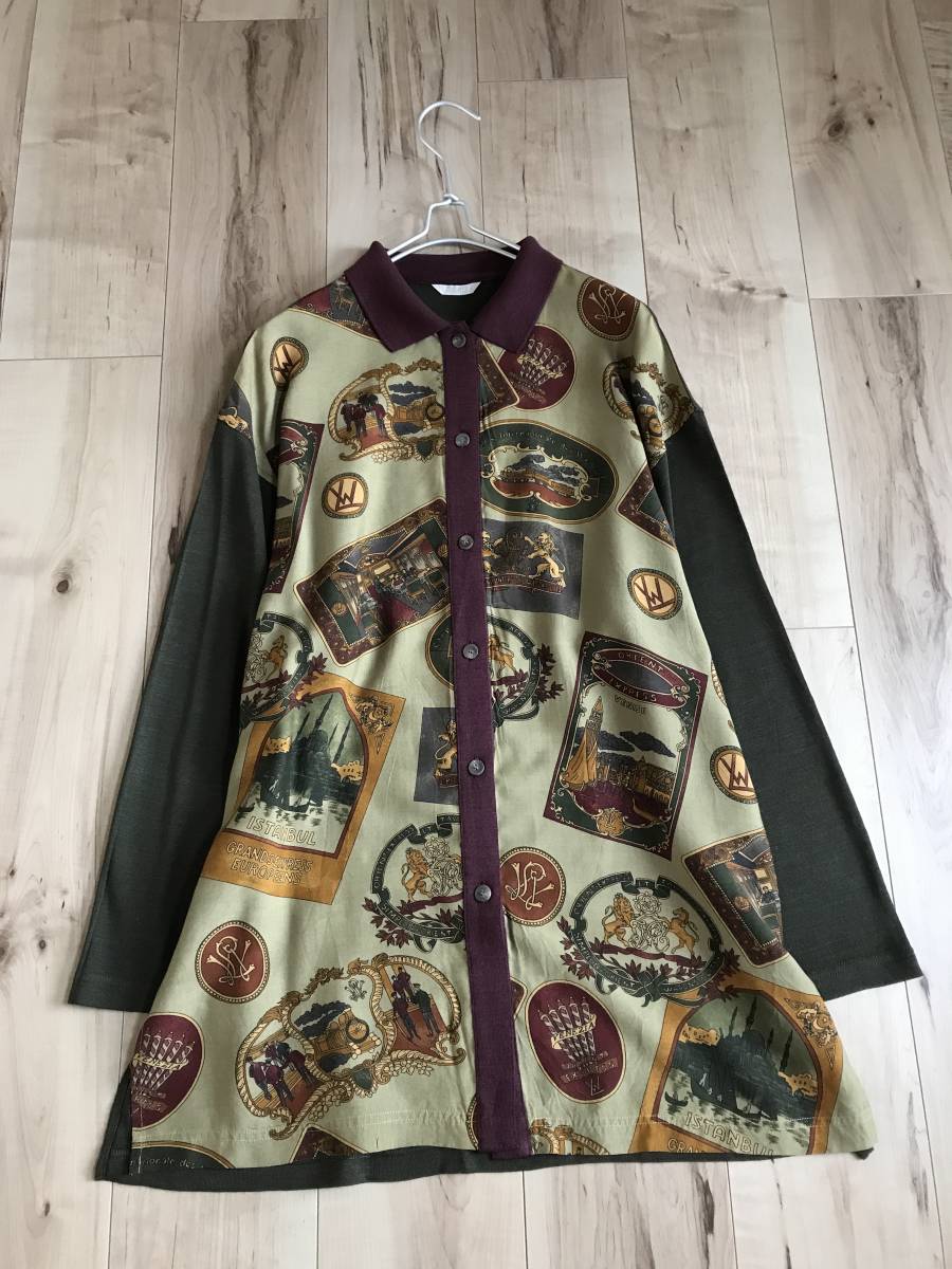 ワールド　CORDIER　コルディア　サイズ40　☆　イタリー生地使用　モダン柄ウール切替ロングブラウス　ヴィンテージ