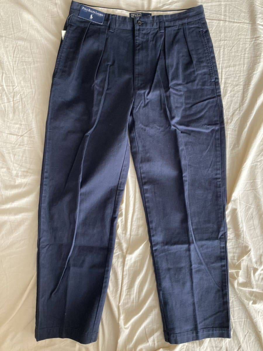 ポロラルフローレン 90年代 デッドストック コットンツータックチノパンツ スラックス ネイビー アンドリュー W33×L30(87.5×74.5) POLO