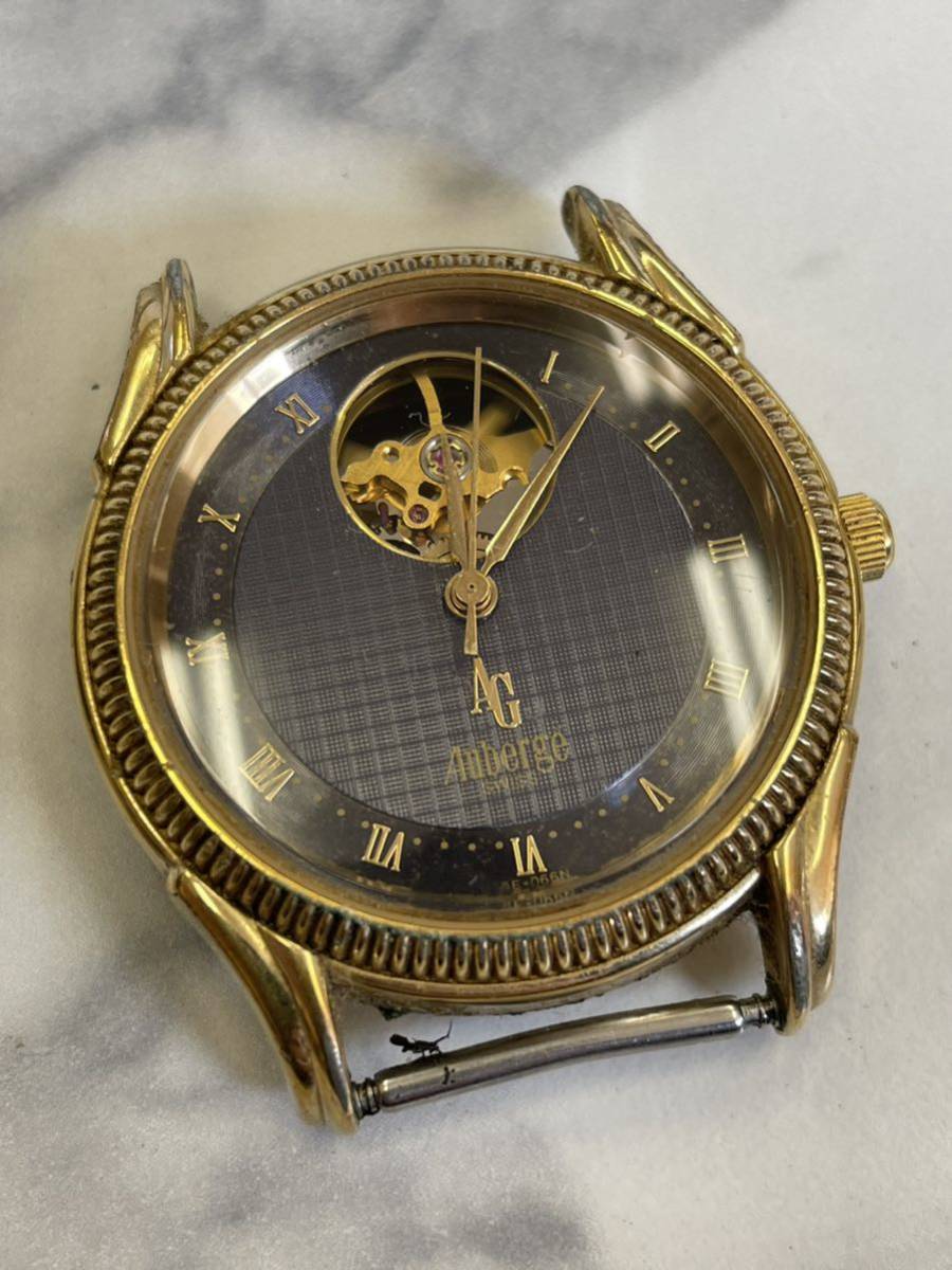 34.稼働品・Auberge オーベルジュ メンズ 腕時計 AT 自動巻き 裏スケルトン ゴールド ブルー系 全数字文字盤//WA100