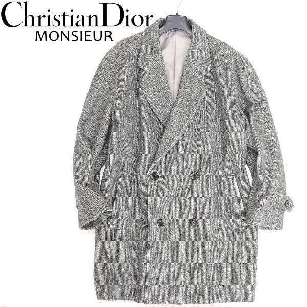 ヴィンテージ◆Christian Dior MONSIEUR クリスチャン ディオール ムッシュ アルパカ ヘリンボーン柄 ウール ダブル コート グレー L