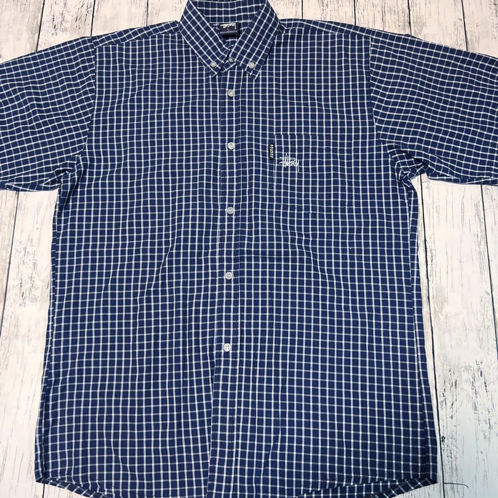 90s USA OLD STUSSY ステューシー ロゴ 刺繍 チェック柄 ボタンダウン 半袖シャツ
